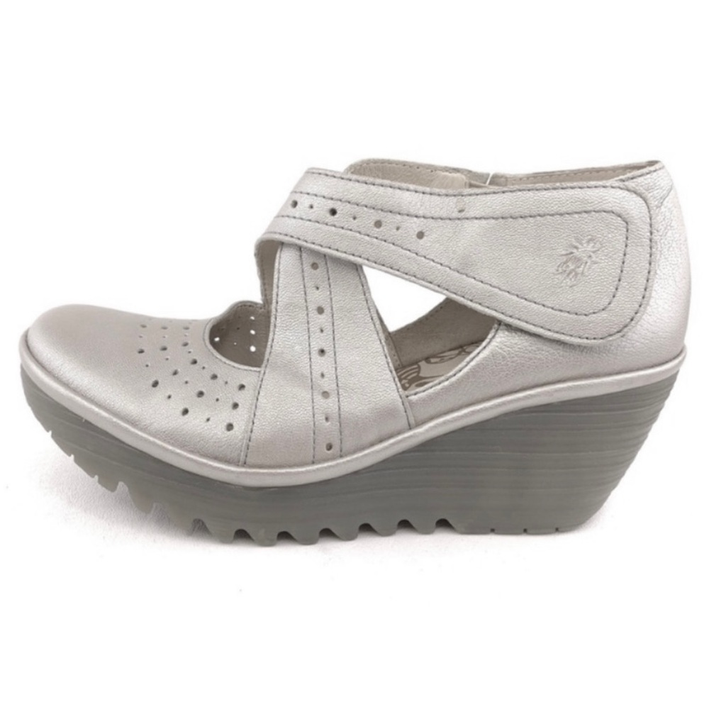 Fly London Silver Leather Wedge Mary Jane